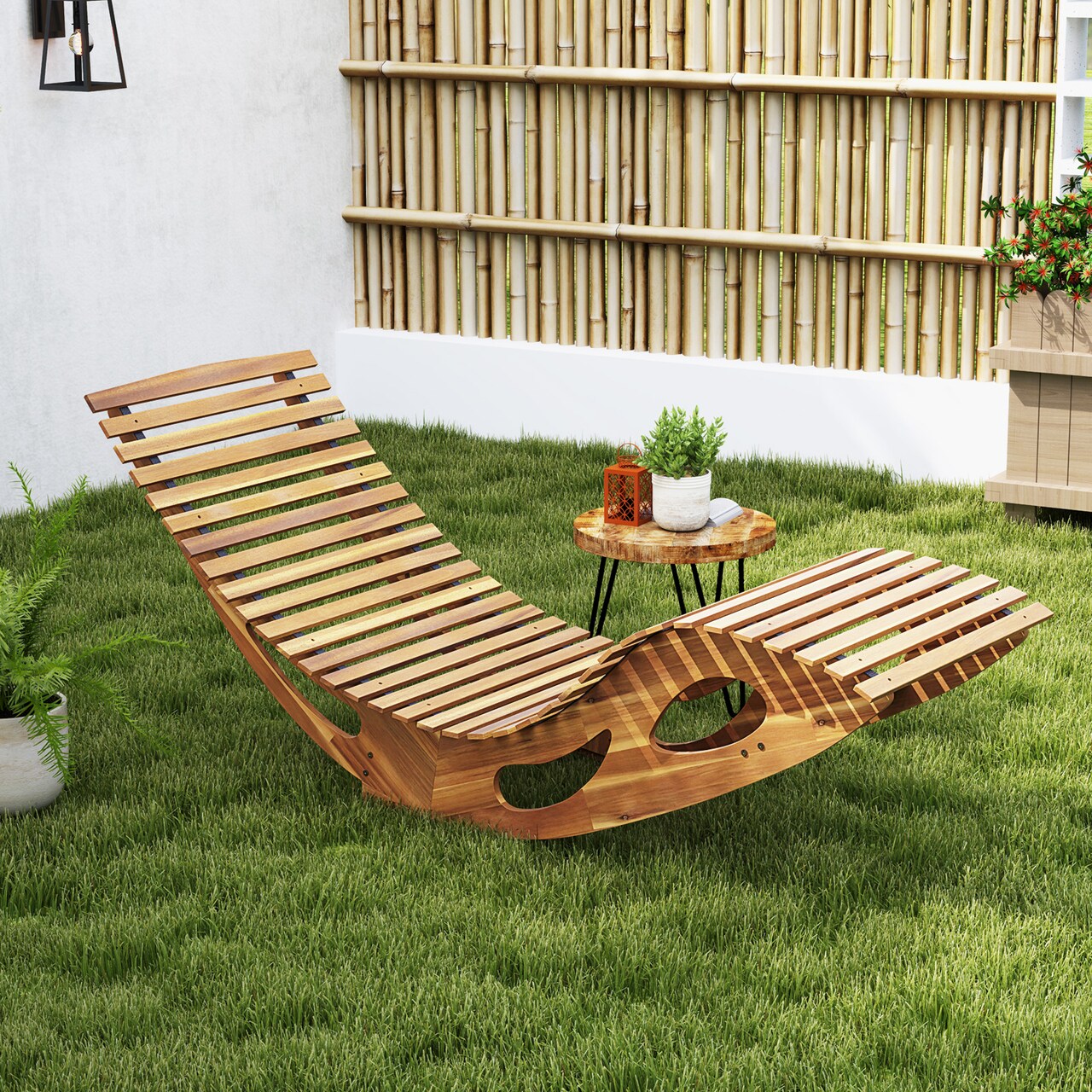 Acacia Wood Patio Rocking Sun Lounger Chaise Lounge with Ergonomic Curved Seat - 63"L x 23.5"W x 26"H